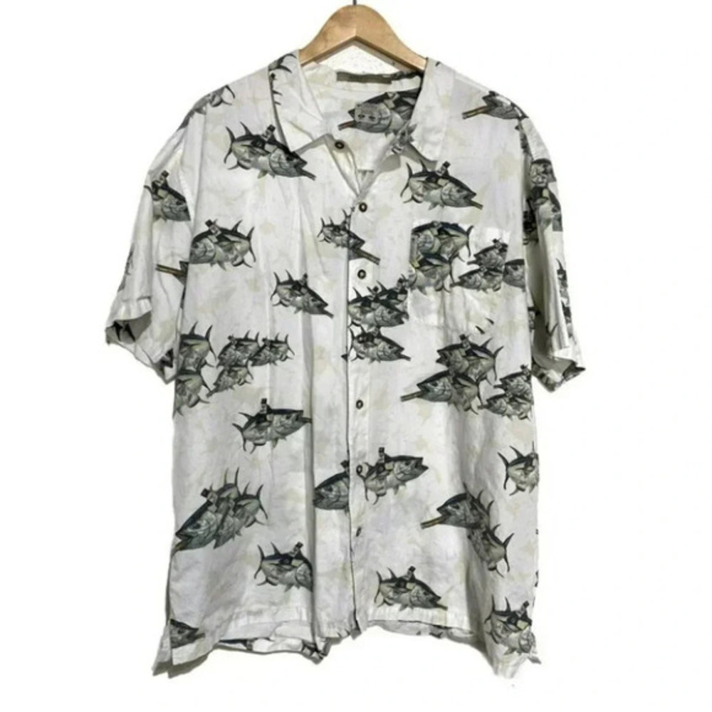 Columbia‎ men's XXL "River Lodge" fish print short sleeve button down shirt